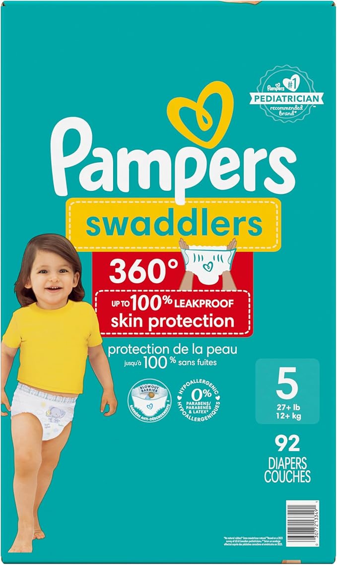 Pampers Diapers - Swaddlers 360° - Size 5, 92 Count, up to 100% Leakproof Comfy Dry Fit, Designed for Easy Changes, Pull On Baby Diaper (Packaging May Vary)