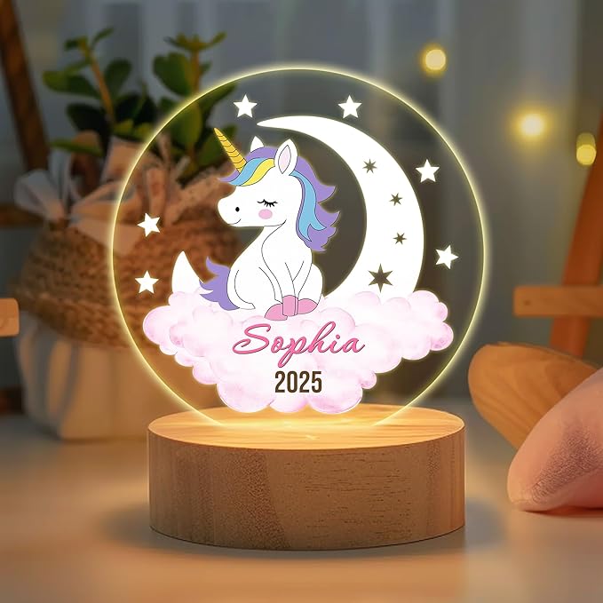 callie Acrylic Night Light Name Plate Personalized, Custom Cute Animal Dog Cat with Wooden Base Bedroom Decor, Birthday Gifts Kid Gifts for Family (Dreamy Moon Forest)