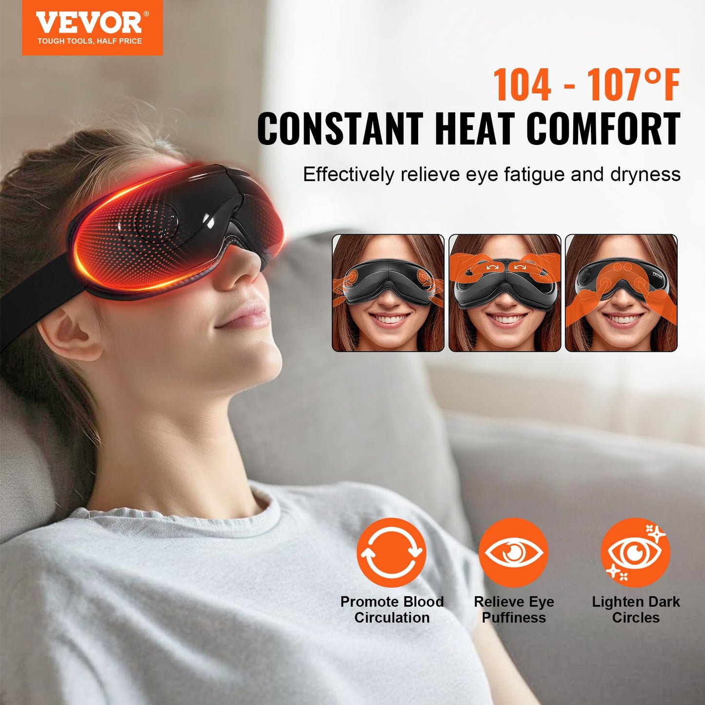 VEVOR Heated Eye Massager - 5 Modes, Bluetooth Music, Foldable, Ideal Gift for Parents, Black