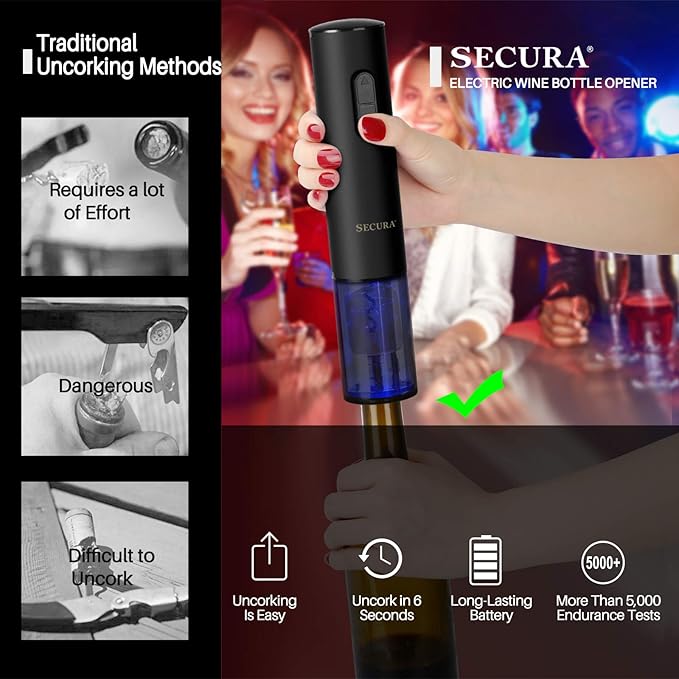 Secura Electric Wine Opener, Automatic Electric Wine Bottle Corkscrew Opener with Foil Cutter, Rechargeable (Black)