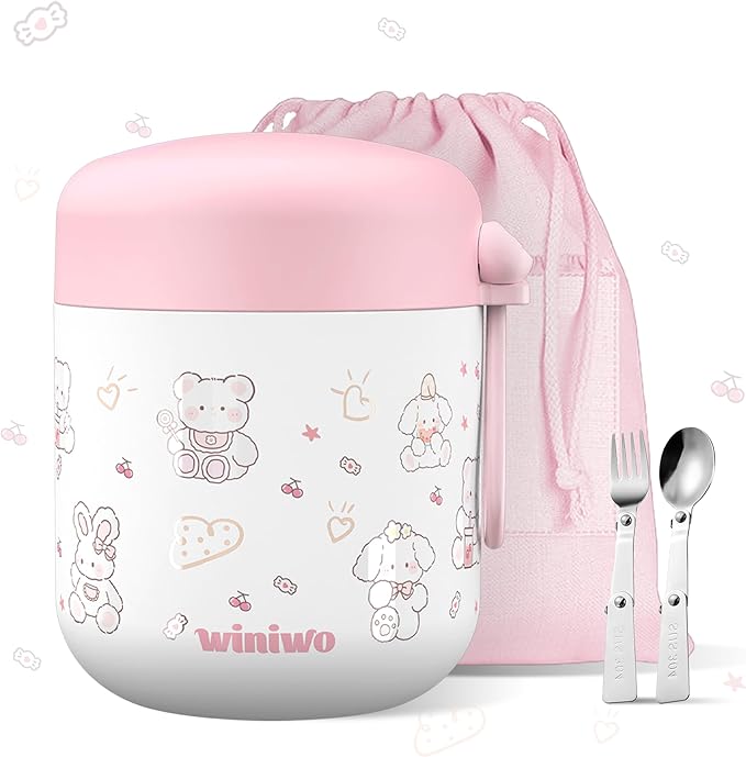 12oz Insulated Food Jar for Kids, Easy Carry, Wide Mouth, Thermos for Hot Food, Soup, Salad, Sandwich, School Lunches (Pink-Rabbit)