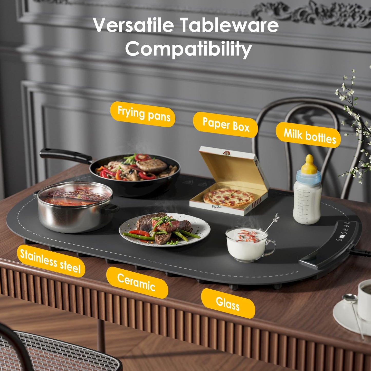 Warming Mat for Food - Food Warming Mats for Countertop, 8 Temperature Settings, 5s Fast Heating, 4 Hours Auto-Off, Foldable & Easy to Clean, Safe for Parties, Buffets, and Home Use(Grey)