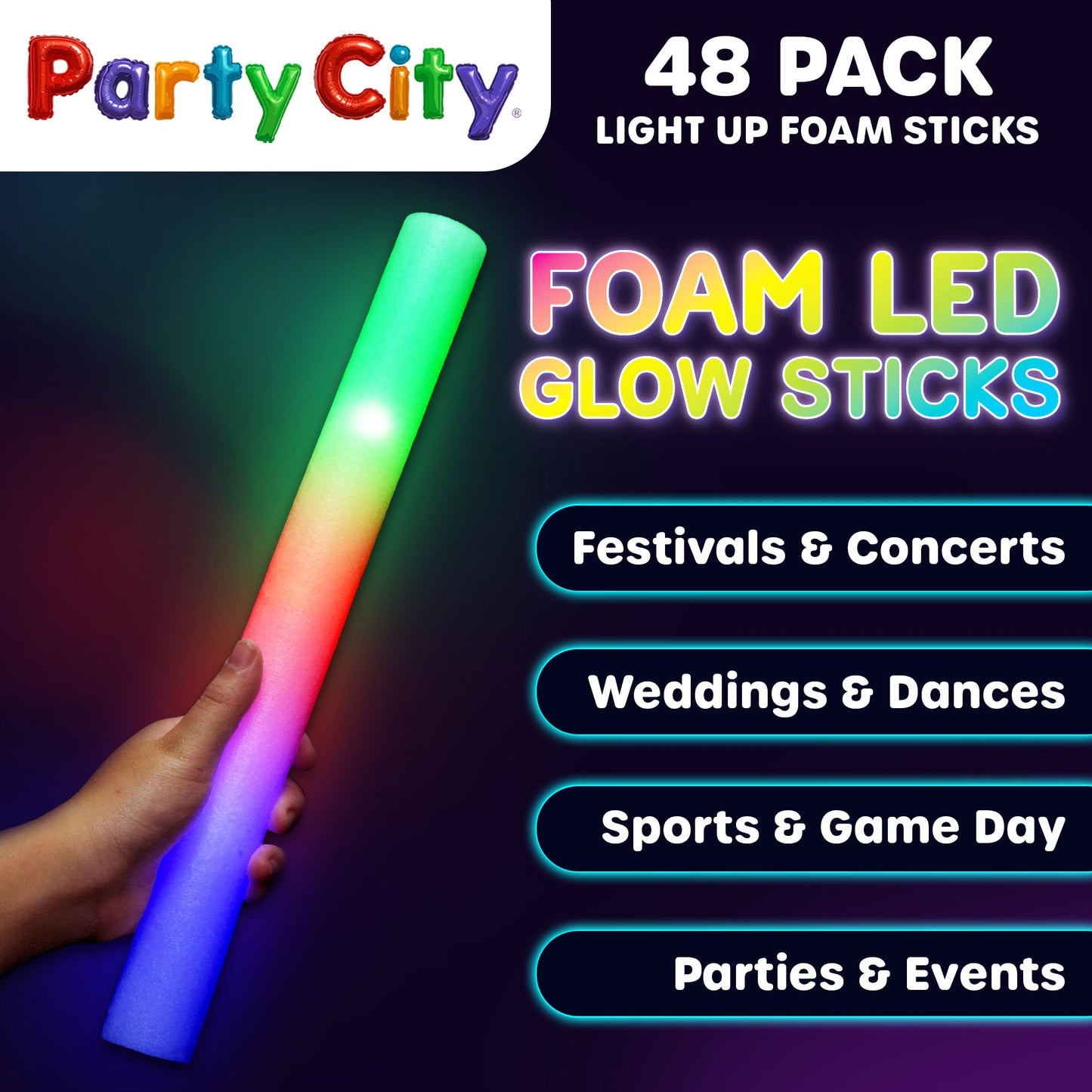 Party City 48Pk Led Foam Glow Sticks 14 - Glow In The Dark Party Supplies Favors  Colorful Flashing Wand With 3 Modes  Foam Light Up Sticks Bulk Party Pack For Wedding  Birthday  Concert  Halloween
