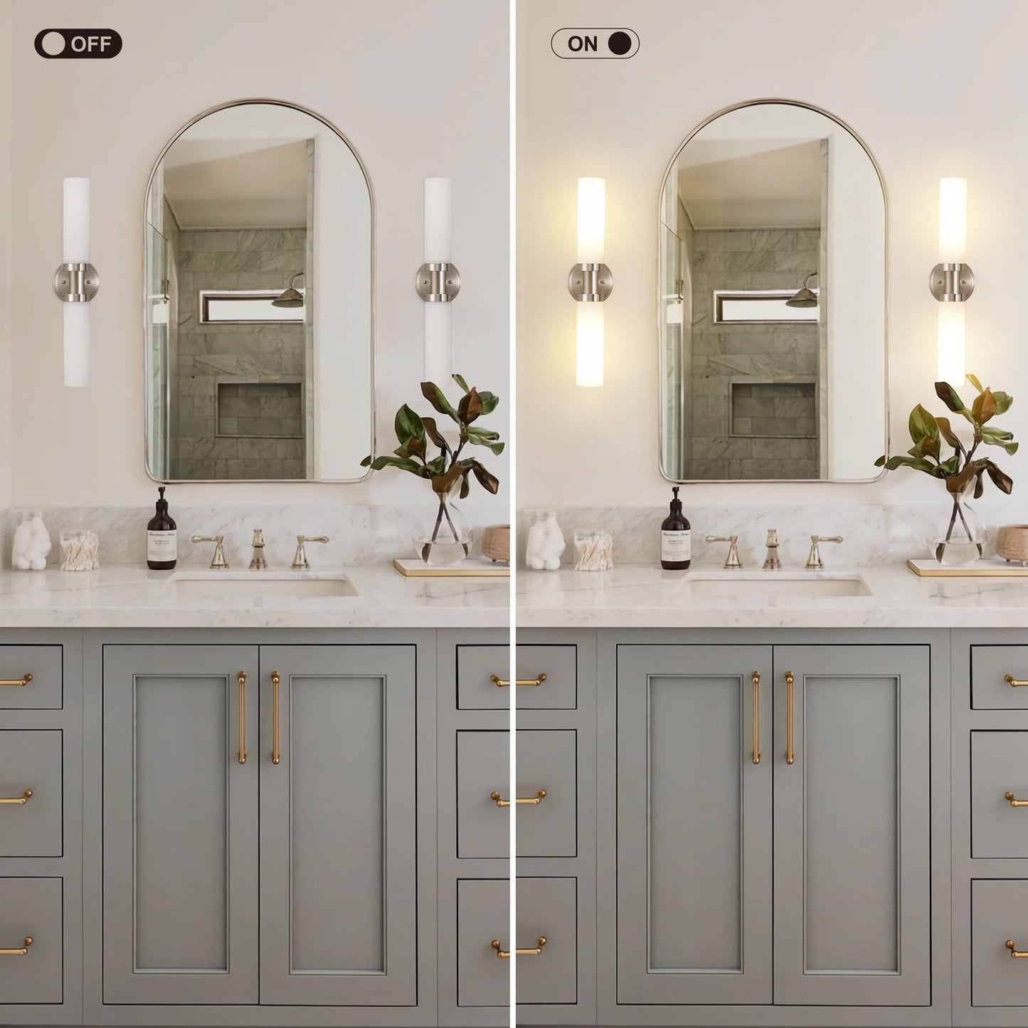 SANTOSTOCK Brushed Nickel Bathroom Light Fixtures, 2-Light Vanity Lights W/White Glass Shade, Modern Sconces Wall Lighting for Mirror Kitchen Bedroom Hallway Living Room, E26 T10 Bulbs(Excluded)