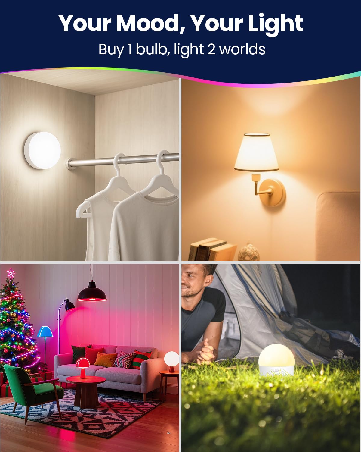 UNILAMP Rechargeable Light Bulbs with Remote, Battery Operated Bulb with 15 Colors & 3 Timer, 2000mAh E26/E12 Dimmable Magnetic Detachable Wireless LED Light Bulb for Non-Hardwired Fixture, 2 Pack