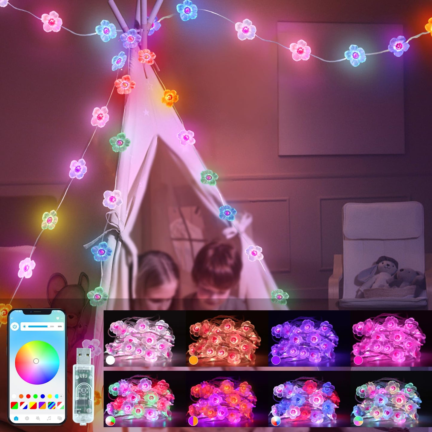 echosari Cherry Blossom String Lights, 33ft, 16 Million Colors, APP & Remote Control, Acrylic, Model ES-FairyL, RGB