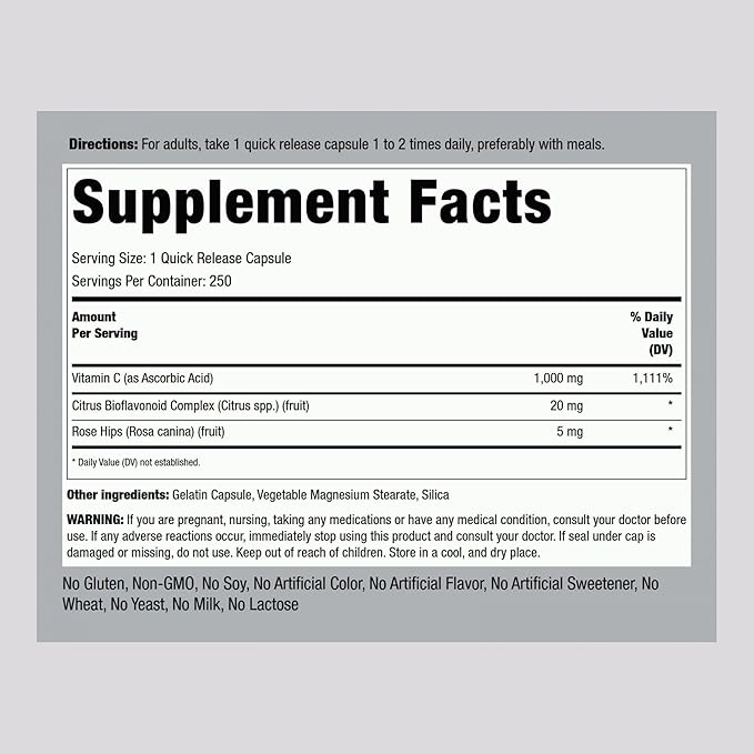 Piping Rock Vitamin C 1000mg | 250 Capsules | with Bioflavonoids and Rose HIPS | Supplement for Women and Men | Non-GMO, Gluten Free