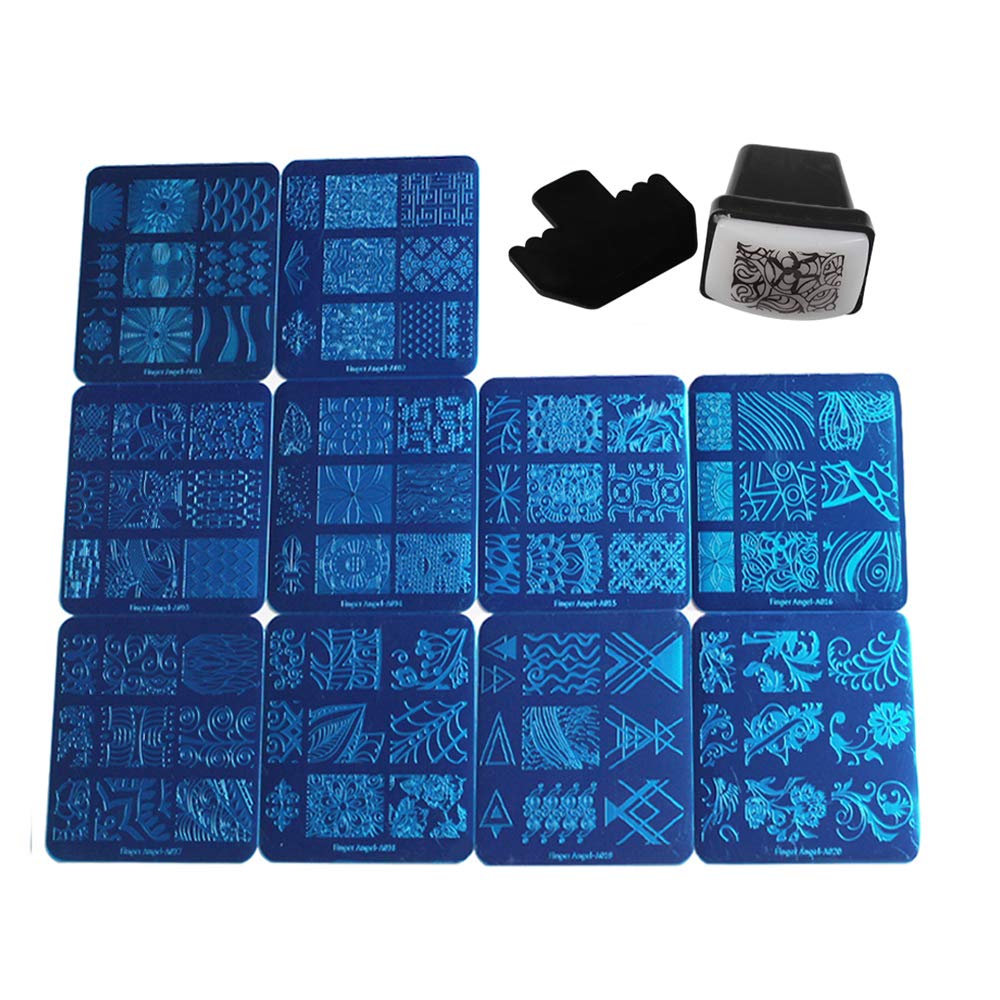 Finger Angel 10Pcs Nail Art Stamping Templates Manicure Tool Kit 10pcs Nail Stamping Plates+1Pcs Nail Stamper