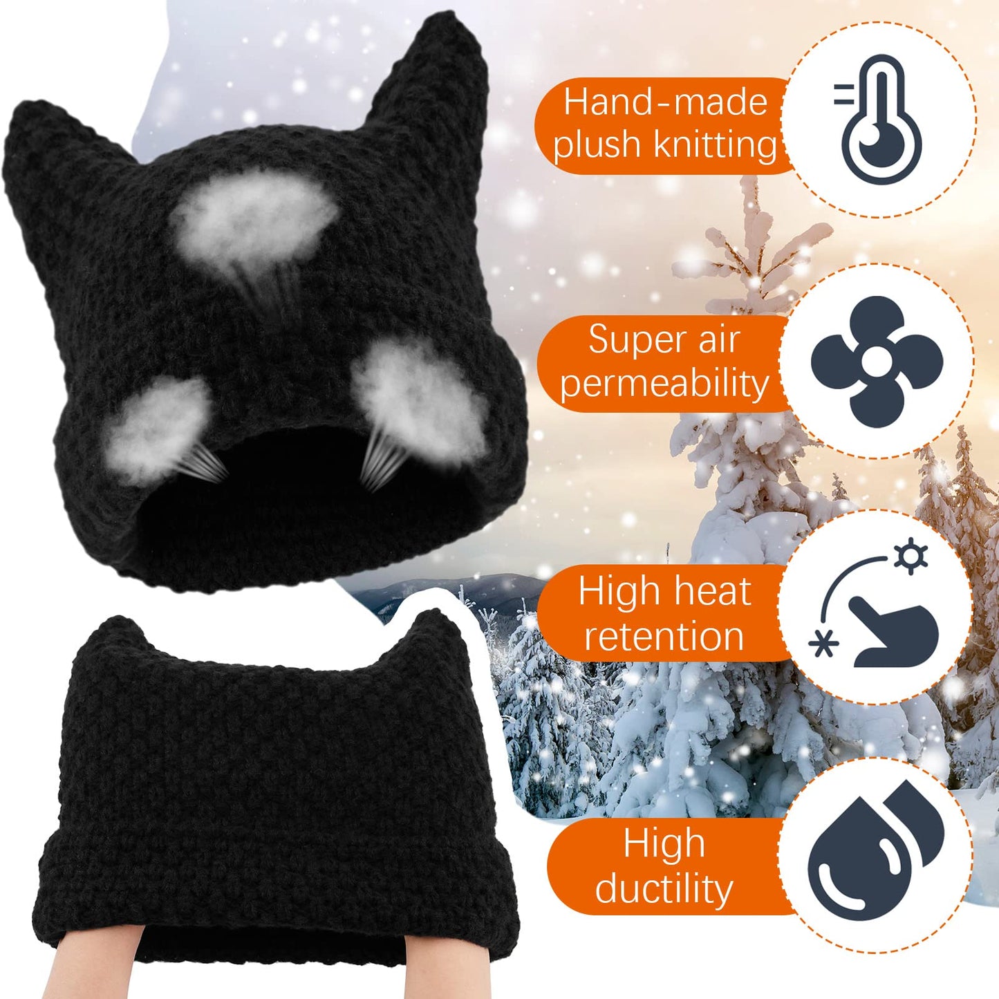 Hercicy 3 Pcs Women Cat Ear Beanie Crochet Y2k Cat Hats for Women Grunge Accessories Slouchy Hat Crochet Beanie with Ears(Classic Colors)