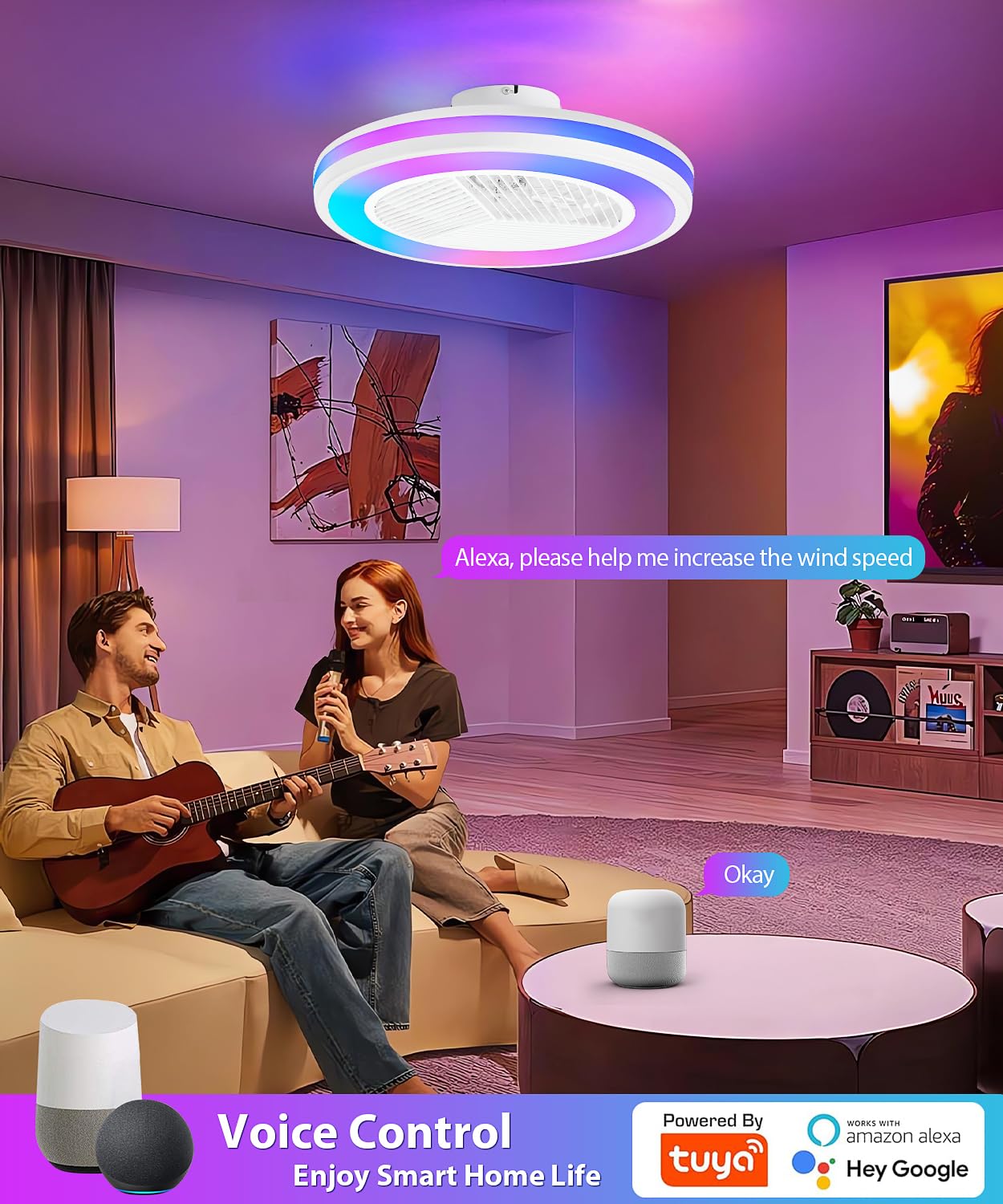 2-In-1 Low Profile Ceiling Fan With Light, 20    Caged Safety Design For Kids - Rgb Color, Smart App/Remote Control, Quiet Flush