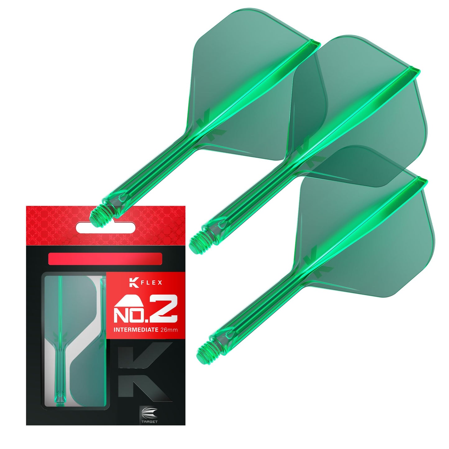 Target Darts K Flex Integrated Dart Flight And Shaft  No.2 Green (Intermediate) | Pack Of 3 K-Flex - No 2  Precision Moulded 2-In-1 Dart Flights And Dart Stem | Professional Dart Accessories
