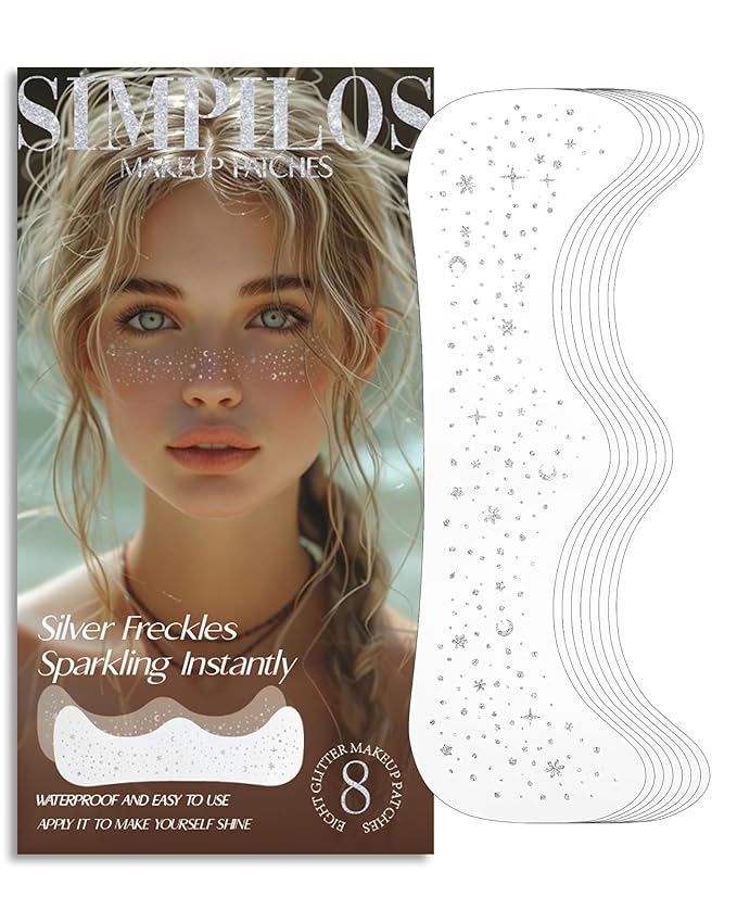 Body Face Makeup Patches for Kids Women Girls, Silver Rave Glitter for Face, Singer Concerts Festival Holiday Rave Accessories - 8 Counts