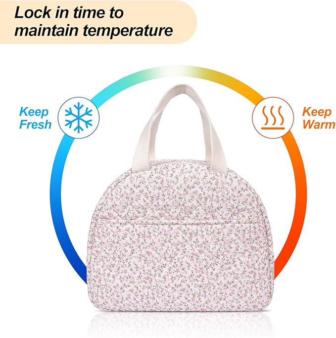 Lunch Box for Women,Cute Quilted Lunch Tote Bag,Reusable Insulated Lunch Box,Large Capacity Cooler Bag with Compartments for Work, Picnics or Travelling
