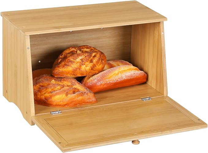 HOMEKOKO Vintage Large Wood Bread Box for Kitchen Counter, Retro Design Single Layer Bamboo Large Capacity Food Storage Bin (Natural Bamboo)