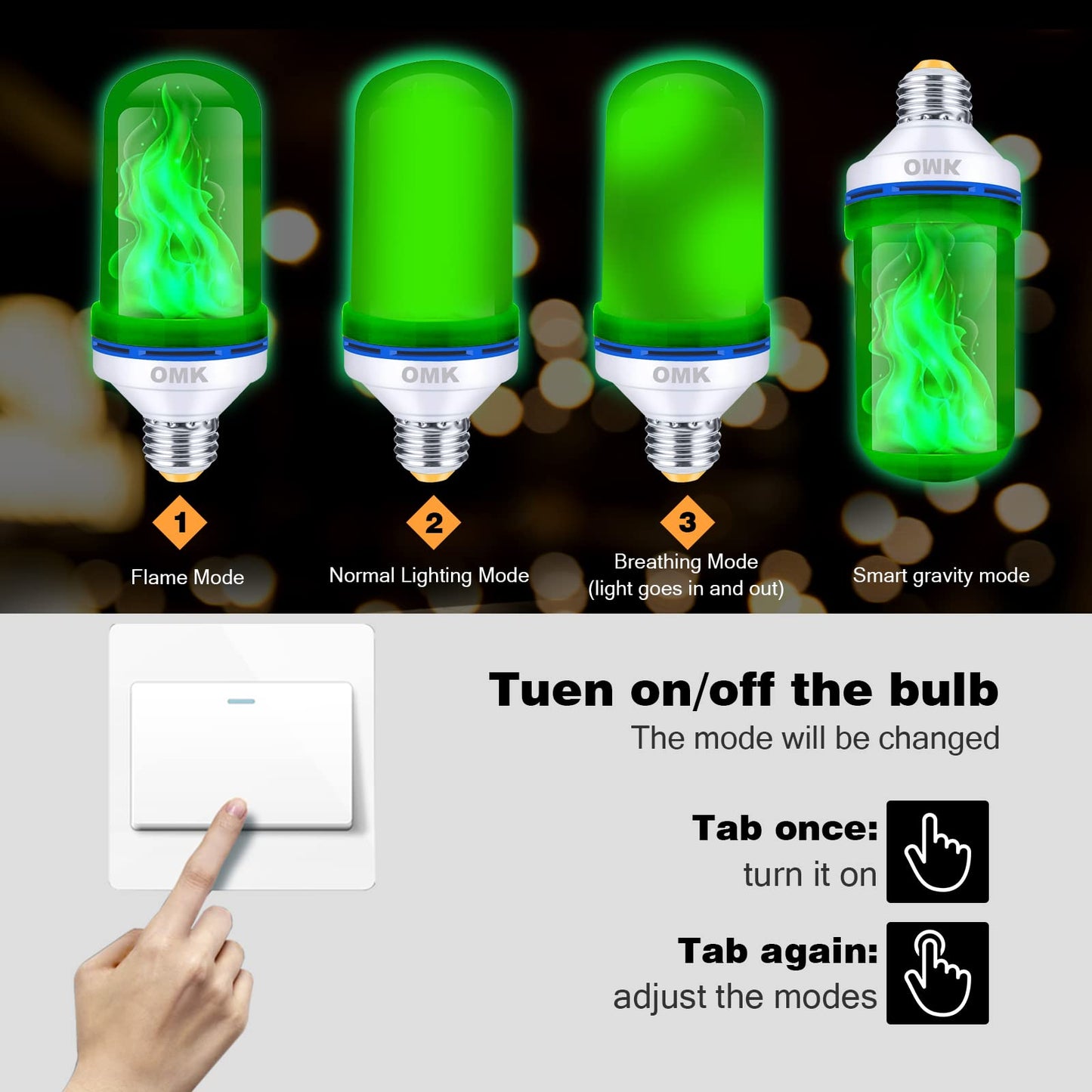 Omk Led Flame Effect Light Bulbs - 4 Modes Green - Indoor/Outdoor Christmas Decorations - 2 Pack - Model Fl96 - Abs Material