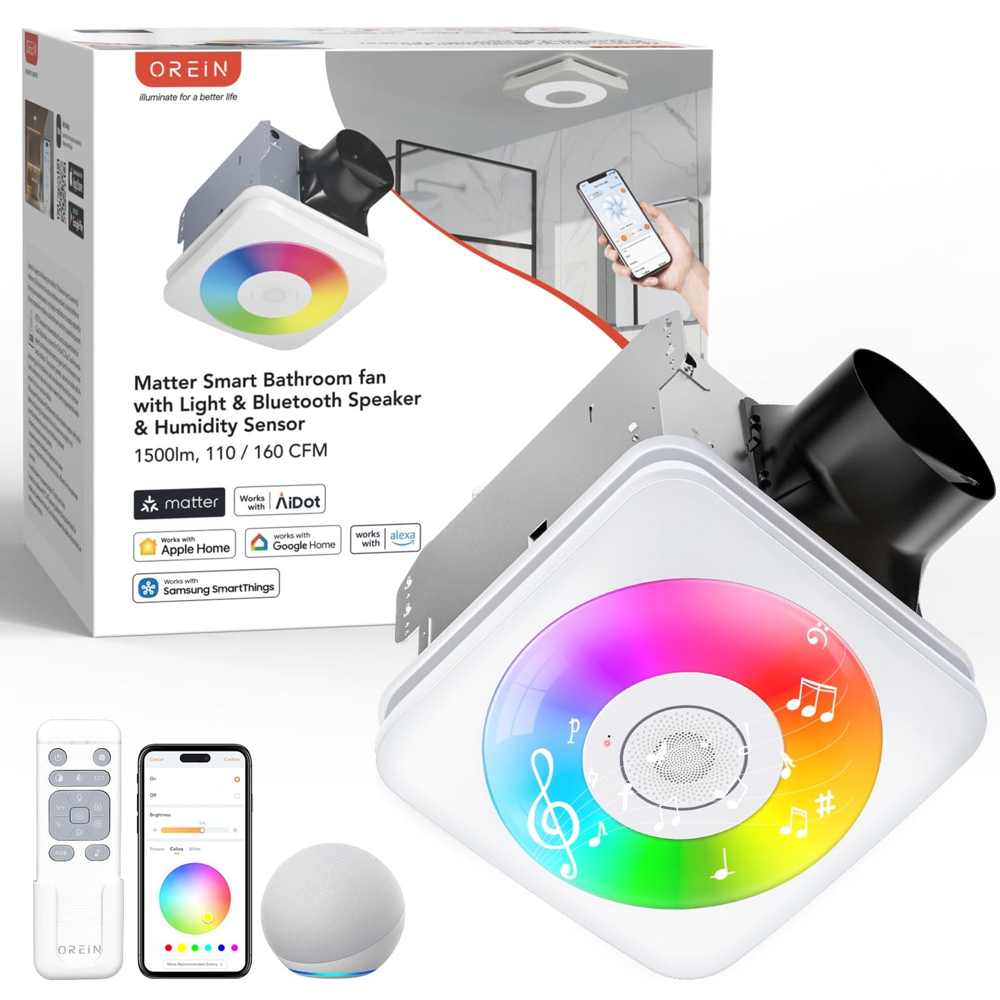 Orein 4-In-1 Matter Smart Bathroom Exhaust Fan With Bluetooth Speaker, Led Light & Humidity Sensor, 110/160 Cfm, Alexa/App/Remot