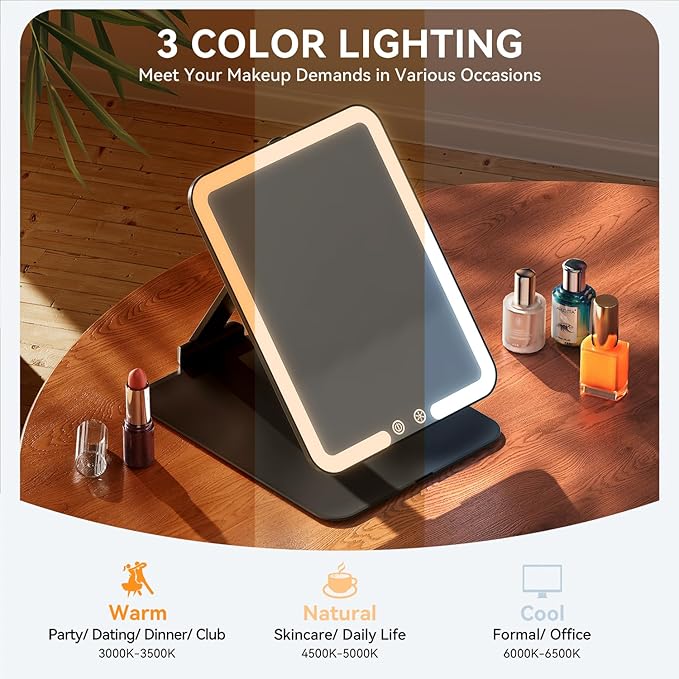Auxmir Travel Makeup Mirror with 3 Dimmable Color Lights, Portable Foldable LED Lighted Travel Makeup Mirror, Rechargeable Compact Vanity Mirror with Light, Adjustable Height and Angle for Desk, Black