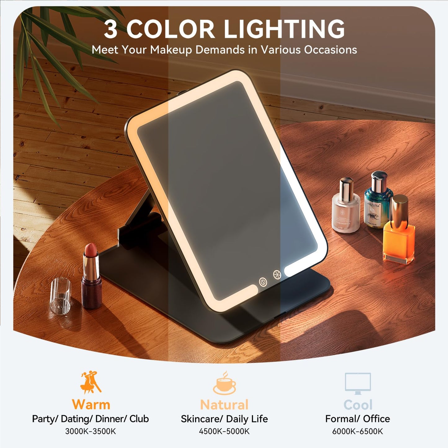Auxmir Travel Makeup Mirror with 3 Dimmable Color Lights, Portable Foldable LED Lighted Travel Makeup Mirror, Rechargeable Compa