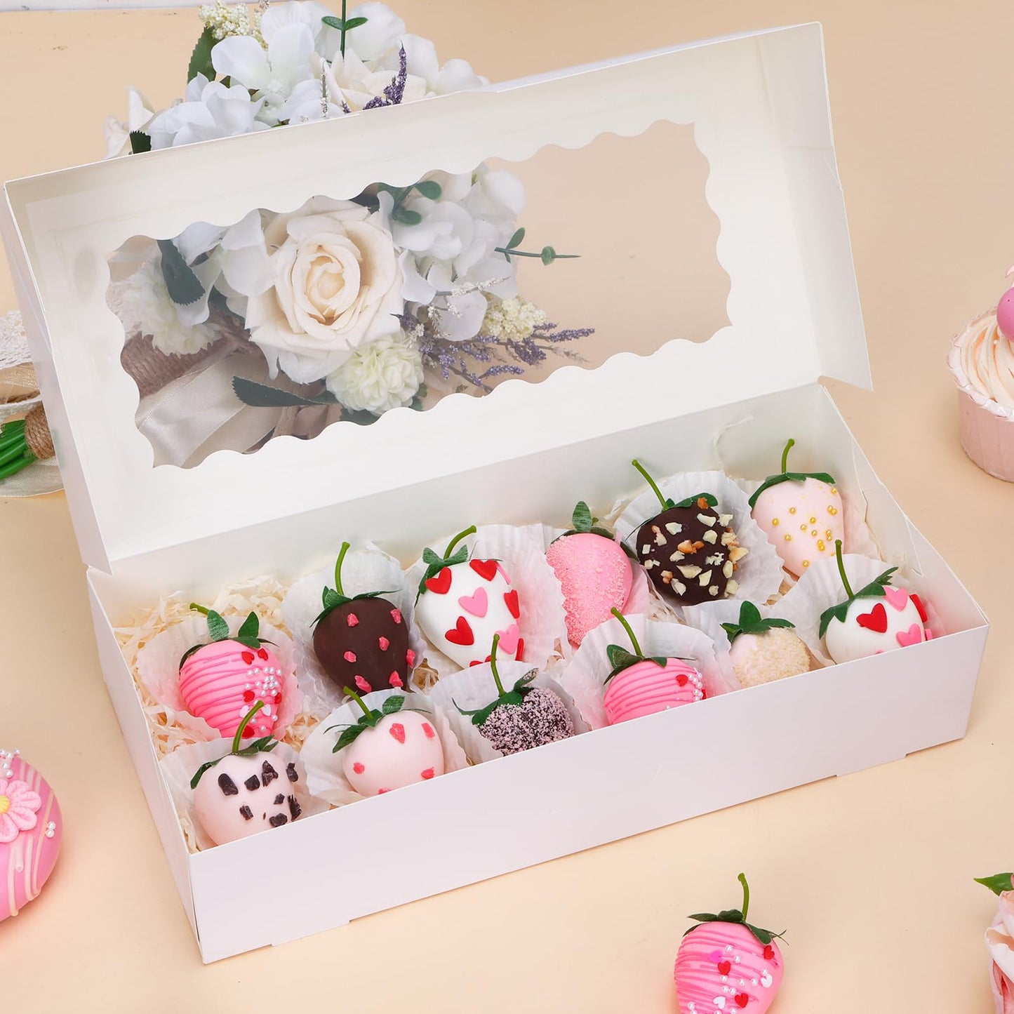 Moretoes 30pcs Valentines Day Cookie Boxes, 12x5.5x2.5 Inches White Bakery Box with Window for Treats, Chocolate Covered Strawberry, Donuts, Pastries, Cake Pop