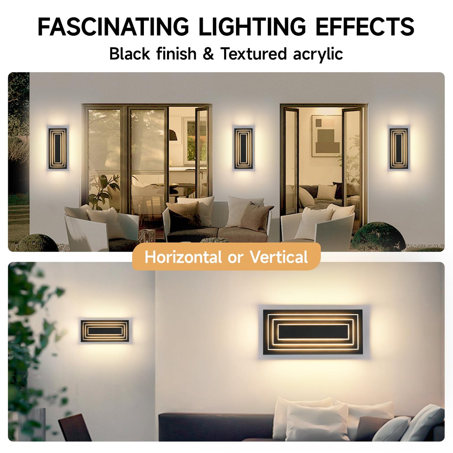 Zsmaiku 3-Tier 15.7 In Outdoor Light Fixture Black Exterior Wall Light Led Modern Wall Sconce Waterproof Outdoor Garage Lighting 24 W Front Door Light 3000K Warm White Acrylic Wall Lamp 2 Pack