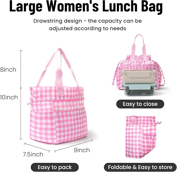 MEXS Lunch Bag for Women Reusable Drawstring Insulated Lunch Box Plaid Stain-Resistant Large Cinch Closure Lunch Bags for Picnic