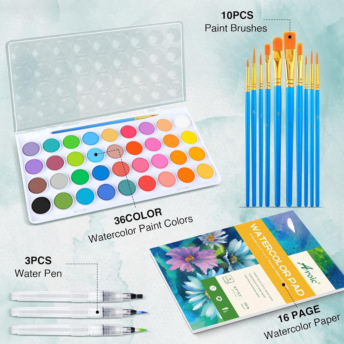 AROIC 65 Pieces Watercolor Paint Set,36 Colors Watercolor,10 Brushes,3 Refillable Water Brush Pens,16 Page Pad(8.5 * 5.5in),Profesional Watercolor Kit for Kids, Adults, Beginners