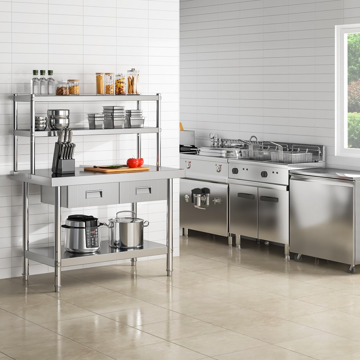 YITAHOME 48" × 24" Stainless Steel Table with Overshelves and 2 Drawers, NSF Worktable with 48" X 12" Shelf & 2 Drawers, Metal Prep Workstation for Home Kitchen Restaurant Garage Warehouse