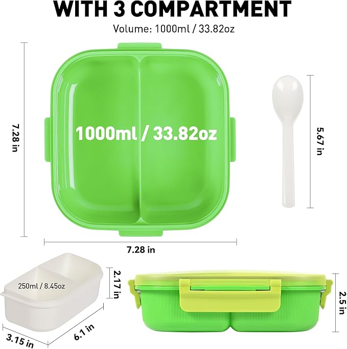 Square Bento Box with Removable Compartments for Adults & Kids - 1000ml Leak Proof Lunch Box with Utensils, BPA-Free, Microwave & Dishwasher Safe, Portable(Green)