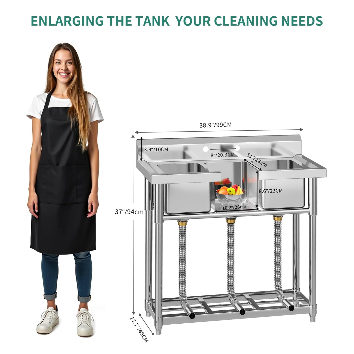 YITAHOME Freestanding Commercial Restaurant Kitchen Sink NSF Stainless Steel 3 Compartment Bowl Outdoor Sink with Storage Shelve for Restaurant, Garage (39"x 18"x 37")