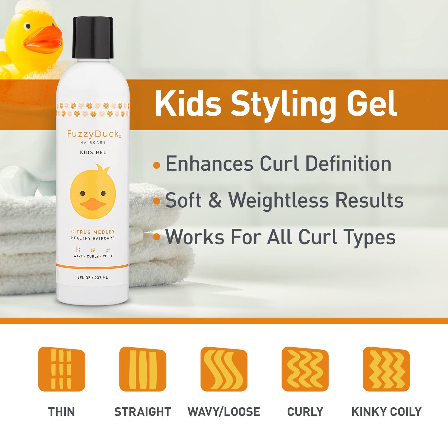 FuzzyDuck Kids Shampoo + Body Wash, Conditioner and Hair Gel Set (8oz each) for All Hair Types, Moisturizer with Aloe, Sea Botan
