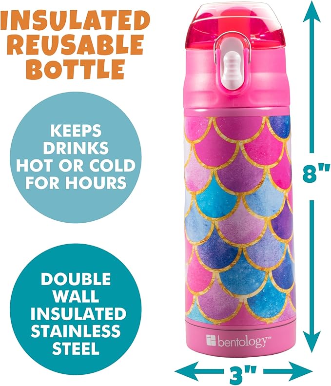 Bentology Kids Lunch Set – Narwhal Ice Packs (3PK), Mermaid 13oz Insulated Water Bottle & Food Jar – BPA-Free, Leak-Proof, Reusable – Keeps Food & Drinks Hot/Cold – Fits Lunch Bags & Boxes