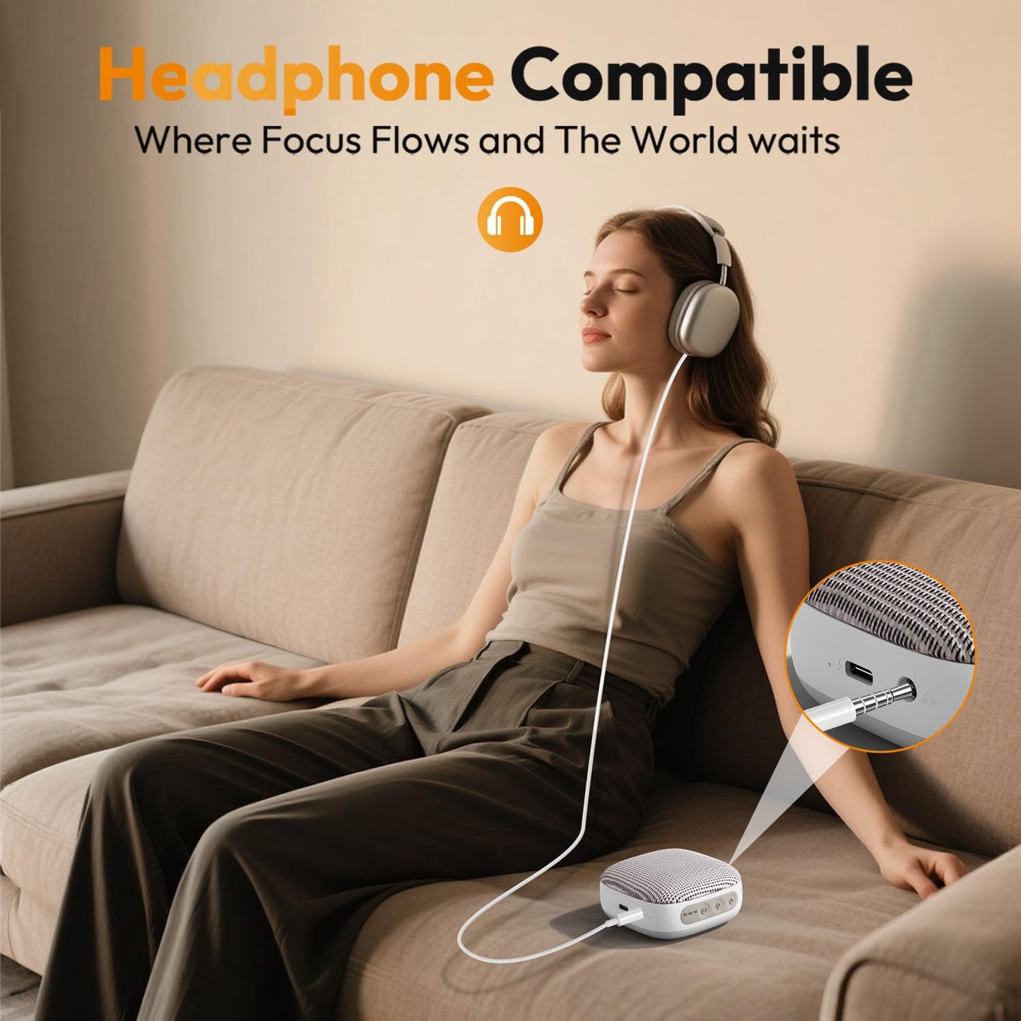 White Noise Sound Machine for Sleeping Adults – with Amber Breathing Night Light, Headphone Jack, 20 Non-Looping Sounds, 52-Hour Battery, Timer & Memory (Khaki)