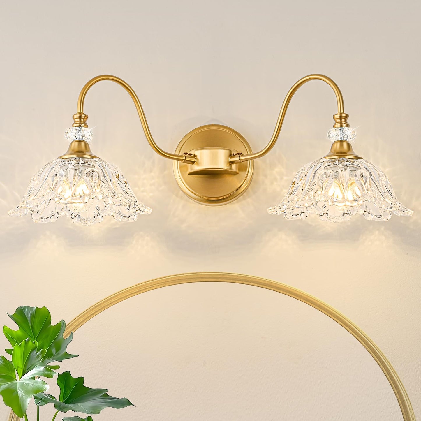 Sunkryster Gold Bathroom Vanity Light  2-Light Brushed Gold Finish Vanity Light With Floral Clear Glass Shades  Retro Wall Mount Lighting For Bathroom  Dressing Table