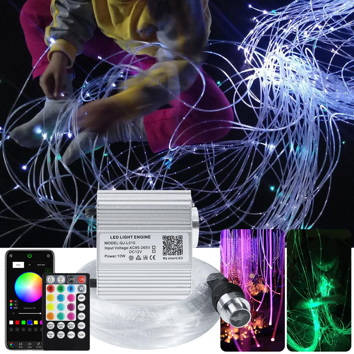 AKEPO Fiber Optic Sensory Lights for Autism Sensory Room for Kids, 10W RGBW Twinkle+Music Response+Bluetooth App Control Fiber Optic Light Engine with (3x0.75mm) Flash Point Cable 50pcs of 6.5ft/2m