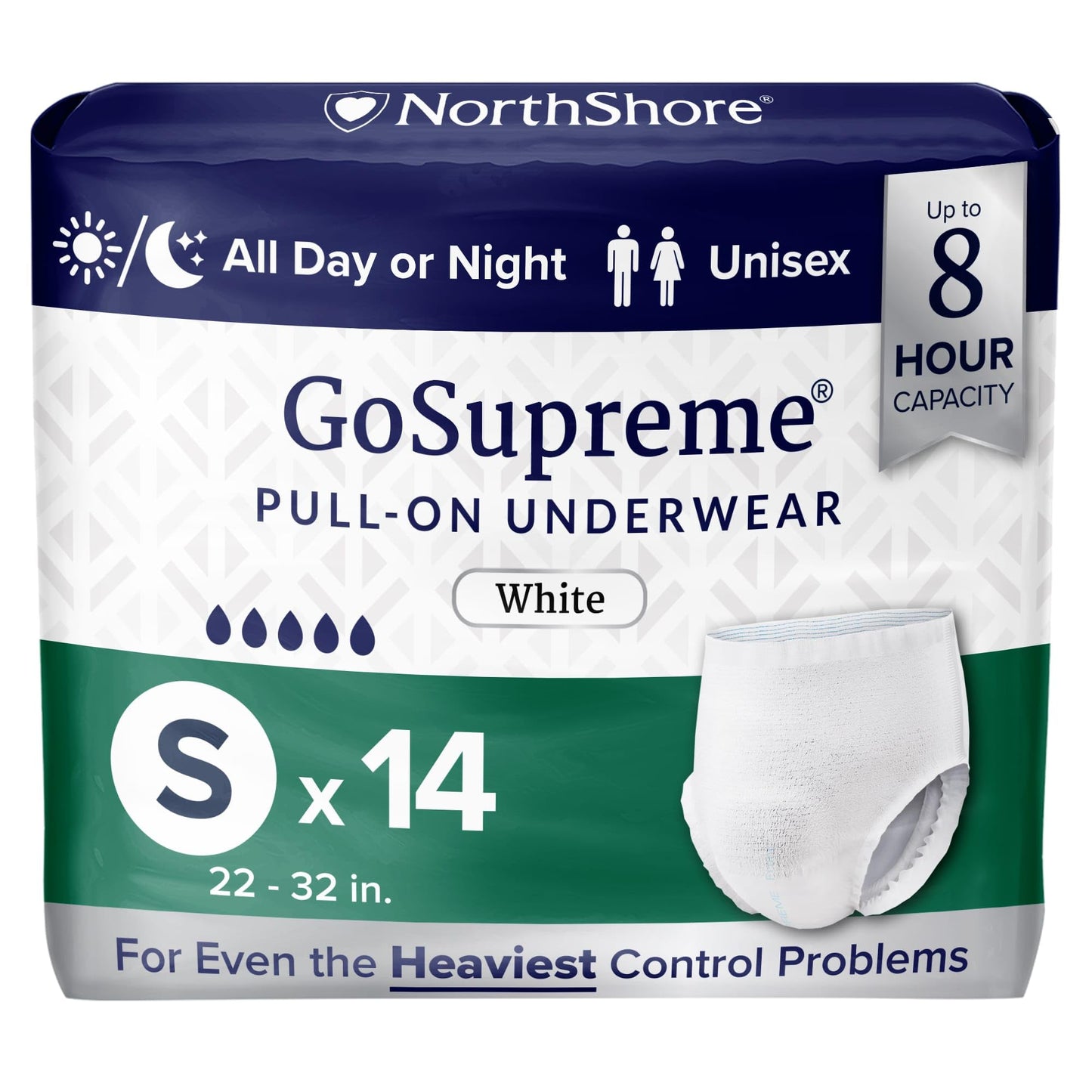 NorthShore GoSupreme Overnight Pull-On Underwear, 8-Hour Leak Protection, Small, 14-Count Bag, White, (22-32 in Waist), Unisex Adult Diapers