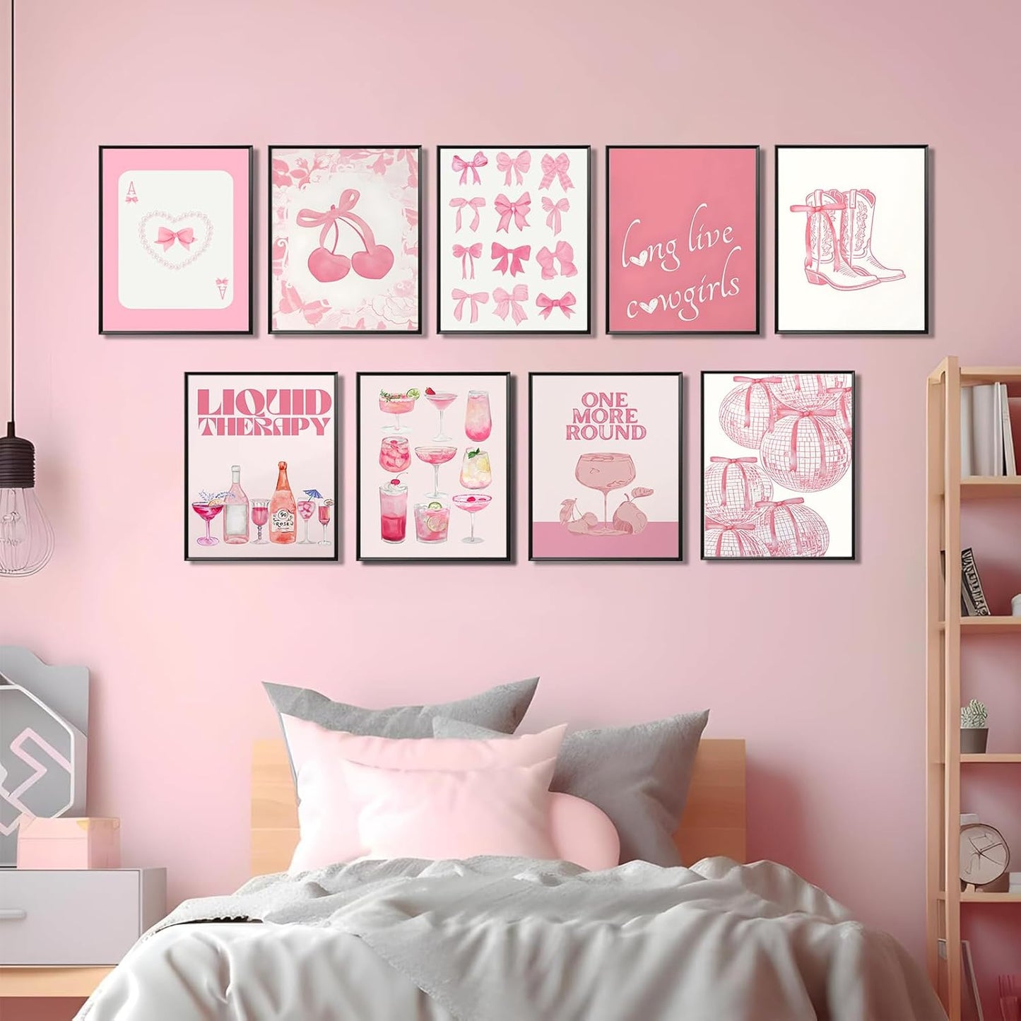 9Pcs Trendy Pink Bows Wall Art Prints Retro Bar Cart Champagne Cocktail Disco Ball Posters Long Live Cowgirls Preppy Coquette Room Decor Aesthetic Pictures for Girly Dorm Apartment Bedroom 8x10in