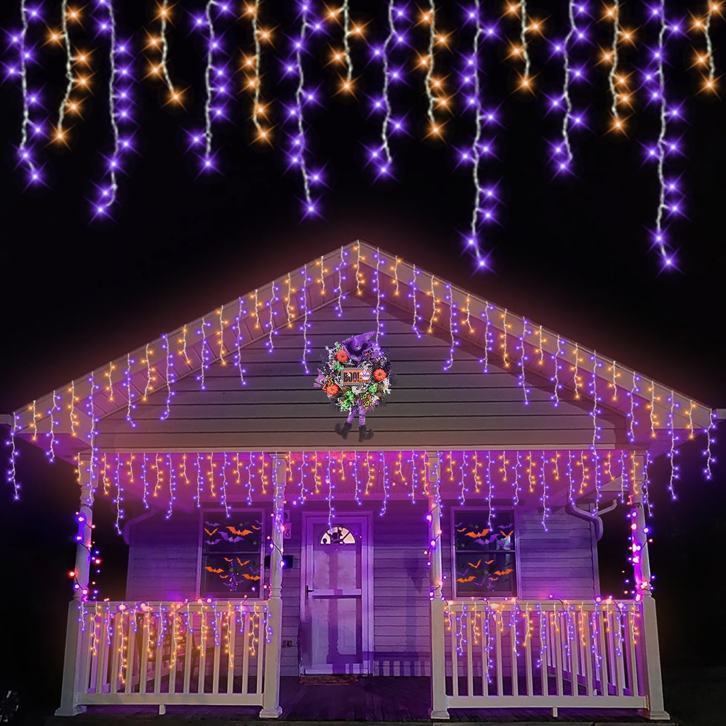 YEGUO Icicle Lights 33ft 400 LED Orange and Purple, Connectable, 8 Modes, PVC Material