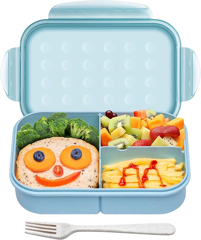 Wheat Straw Bento Box, BPA-Free Lunch Box for Kids & Adults - Leakproof 3-Compartment Lunch Containers with Utensil, Microwave/Dishwasher Safe, 5.5 Cup Blue