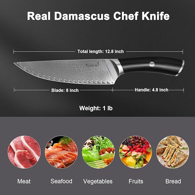 KUISINE Premium Damascus Chef Knife Non-slip Handle Razor sharp Blade Luxuy Gift for Holidays(Silver Pro, 8inch)