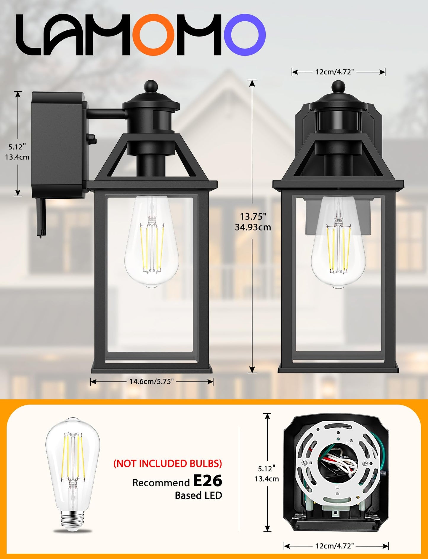 Porch Light With Gfci Outlet  14 Large Motion Sensor Outdoor Lights For House  Waterproof Exterior Lighting Fixtures  Black Anti-Rust Outside Wall Mount Sconce For Patio Front Door Entryway  E26