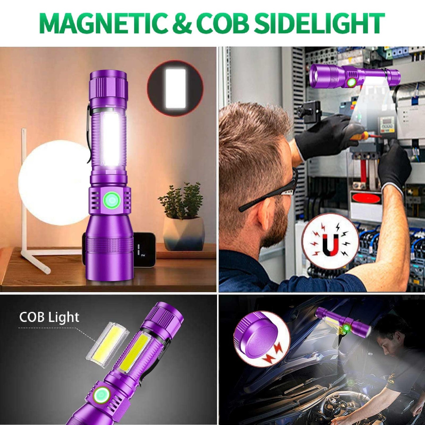 AdamStar 3 in-1 Rechargeable Black Light Flashlight, UV LED, 7 Modes, Waterproof, Aluminum, (Black + Purple) with Case, Model 016