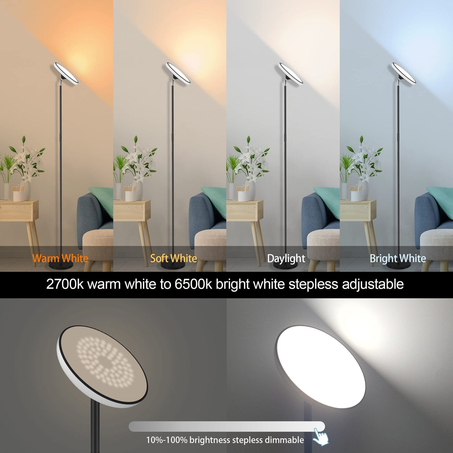 WOWLUMEN Floor Lamp, Modern Torchiere Sky LED, 42W 3700LM, Dimmable, Remote, 5 Color Temperatures, Black, Model FLG-042