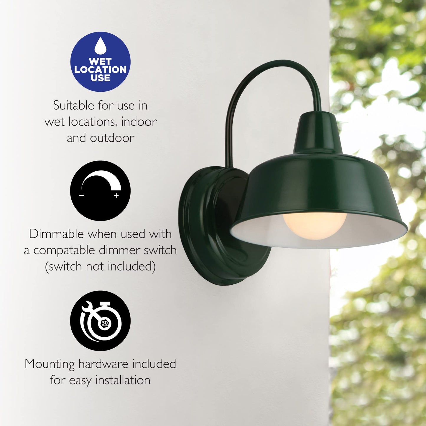 Design House Mason Barn Light - Indoor/Outdoor Wall Mount, 8-Inch, Forest Green, Model 579342