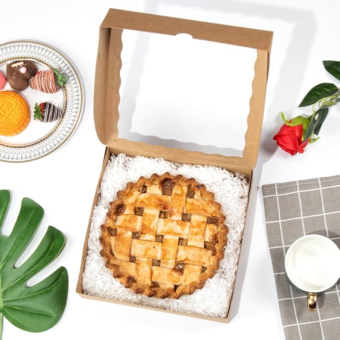 Brown Bakery Boxes with Window (12pcs, 9x9x2.5 Inch) for Christmas: Ideal for Pie, Cookies, Chocolate Covered Strawberries, Breakable Heart & Charcuterie
