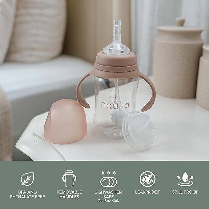 nouka Tritan Plastic Transitional Sippy Cup with Weighted Straw | Leak Proof and Easy Grip | Removable Handles | Bloom