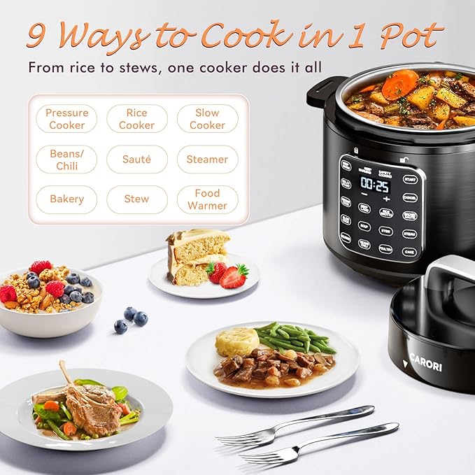 9-in-1 Electric Pressure Cooker 6 Quart Black, Stainless Steel Pot, 12 Preset Functions with Touchscreen, Safe Steam Release, Stew, Slow Cook, Rice, Sauté, Warmer