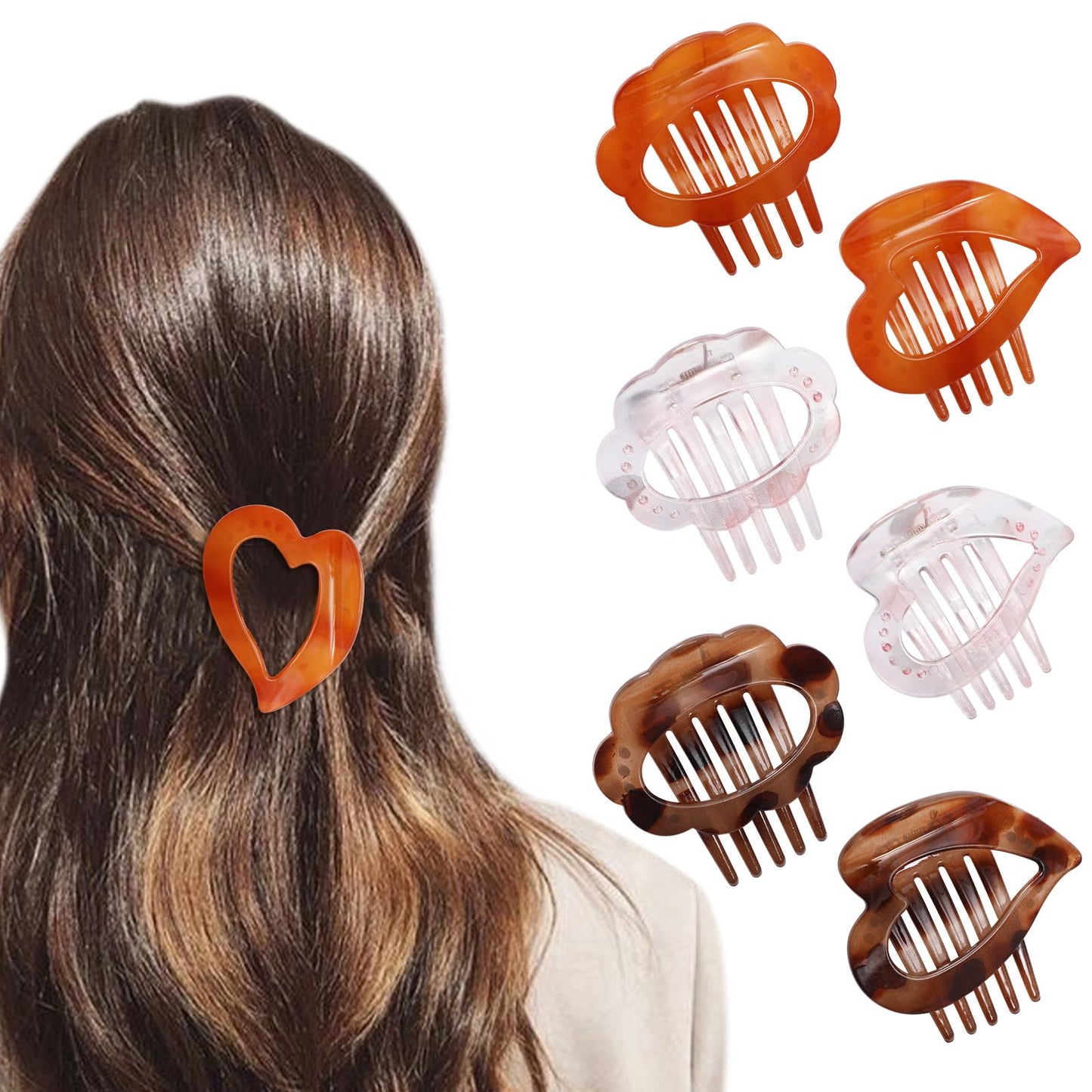 6Pcs Flat Hair Clips for Women,Volume Flat Top Heart Brown Clip for Thick or Thin Hair,Picura Large Hair Claw Clips Strong Hold