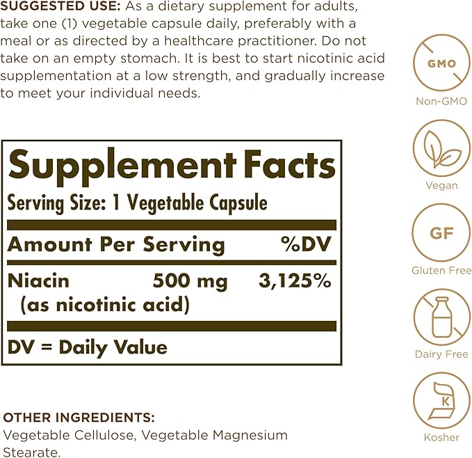 Solgar Niacin (Vitamin B3) 500 mg - 100 Vegetable Capsules - Supports Energy Metabolism - Non-GMO, Vegan, Gluten Free, Dairy Free, Kosher - 100 Servings