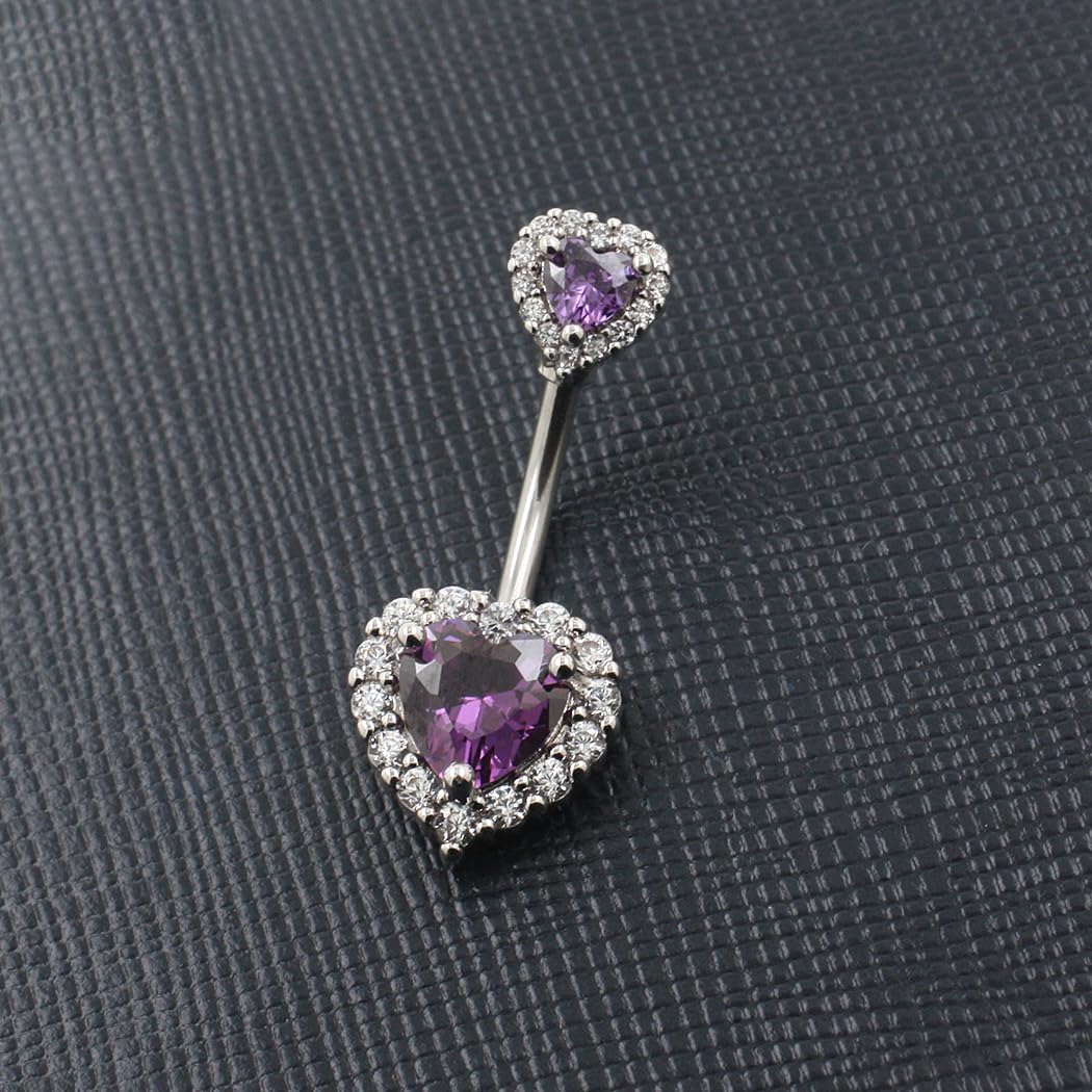 Excepro Belly Rings 316L Surgical SS PVD Plated Multicolor Heart CZ Navel Piercing Shiny Belly Button Rings (purple)