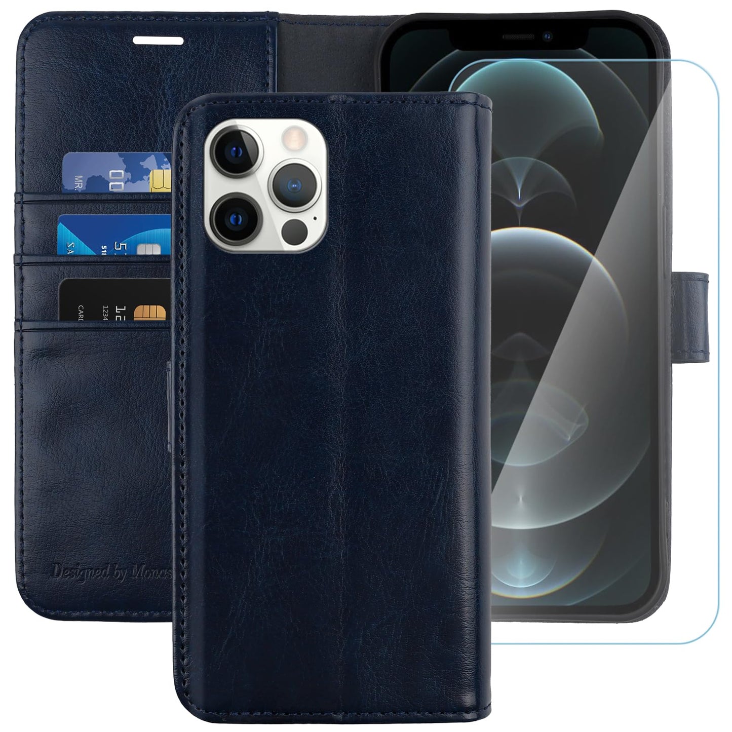 Monasay Wallet Case Compatible For Iphone 12 Pro/Iphone 12 5G,6.1-Inch [Glass Screen Protector Included] [Rfid Blocking] Flip Fo